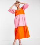 Collusion Color Block Maxi Smock Dress In Pink And Red-multi