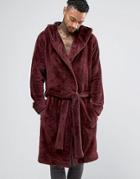 Asos Loungewear Hooded Fleece Robe In Burgundy - Red