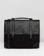 Asos Satchel In Saffiano Faux Leather And Charcoal Melton - Black