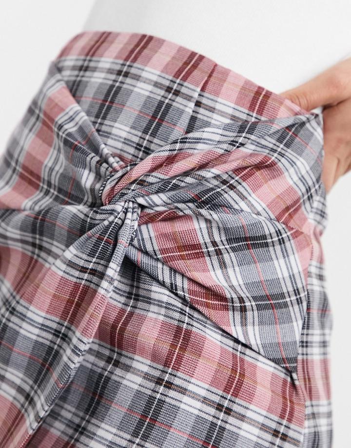 Asos Design Wrap Mini Skirt With Twist Detail In Check Print-multi
