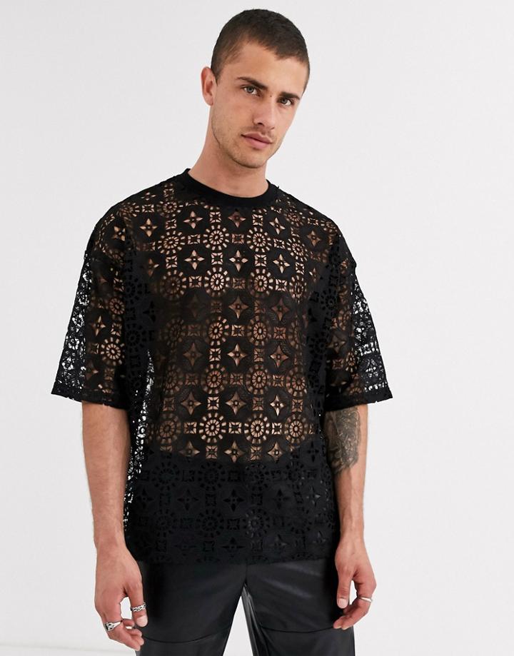 Asos Design Oversized T-shirt With Half Sleeve In Black Lace