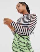 Asos Design Mesh Top In Stripe With Long Sleeve And Contrast Seams