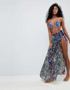 Asos Pansy Print Chiffon Beach Sarong Skirt - Multi