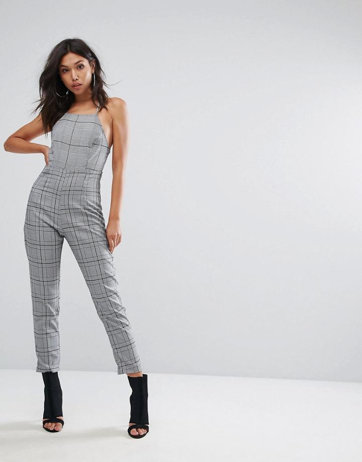 Prettylittlething Check Cropped Strappy Jumpsuit - Gray