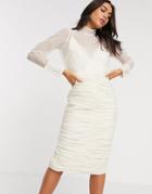 Asos Design Organza Ruched Pencil Midi Dress In Ivory-white