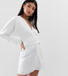 Asos Design Tall Mini Dress With Batwing Sleeve And Wrap Waist In Satin-white