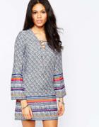 Diya Shift Dress With Lace Up Front And Bell Sleeves - Blue Printed