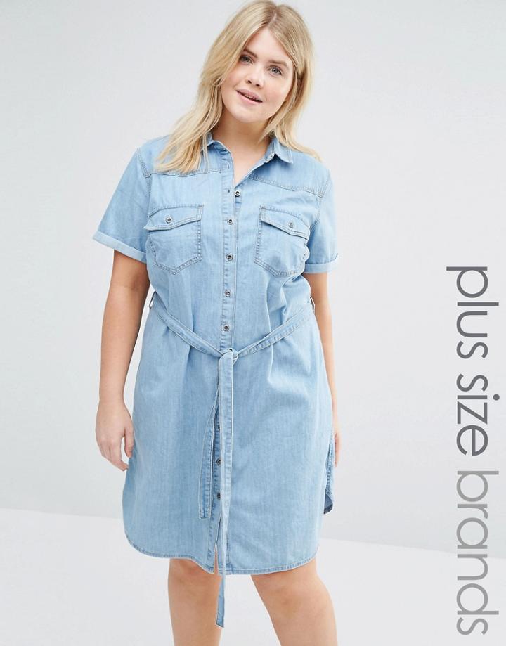 New Look Plus Button Through Denim Shirt Dress - Blue