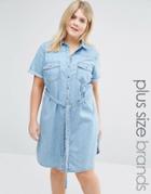 New Look Plus Button Through Denim Shirt Dress - Blue