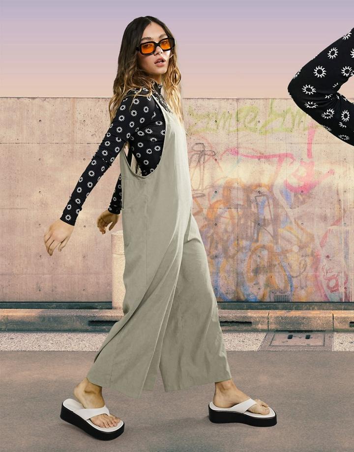 Asos Design Minimal Cupro Overall Jumpsuit In Gray Green