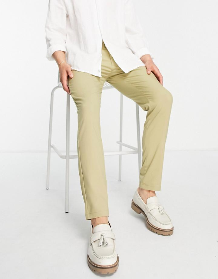 Pull & Bear Slim Tailored Pants In Beige-green