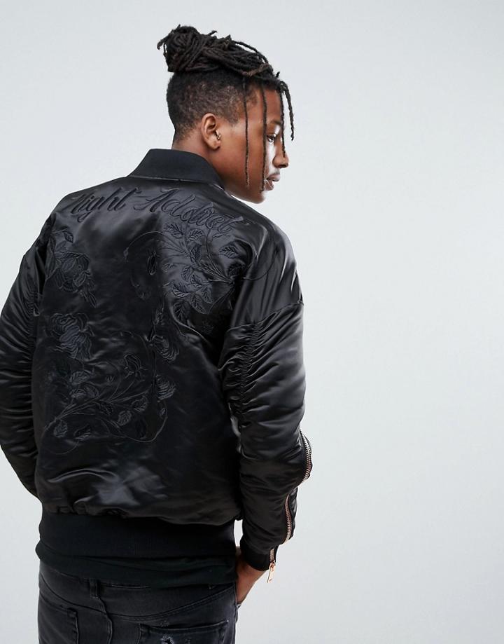 Night Addict Embroidered Ma1 Bomber Jacket With Rose Gold Zips - Black