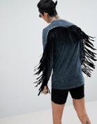 Asos Design Standard Longline Long Sleeve T-shirt In Acid Wash With Back Fringing And Studding - Gray
