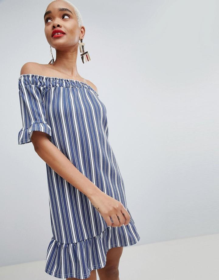 Prettylittlething Striped Bardot Ruffle Hem Dress - Multi