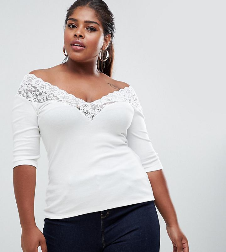 Asos Design Curve Top With Bardot Off Shoulder Lace Trim - Cream