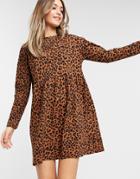 Asos Design Smock Mini Dress With Long Sleeves In Leopard Print-neutral