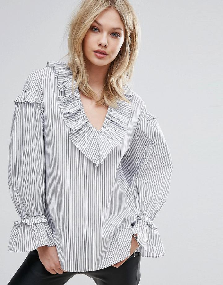 Mango Stripe Frill Detail Balloon Sleeve Top - Multi