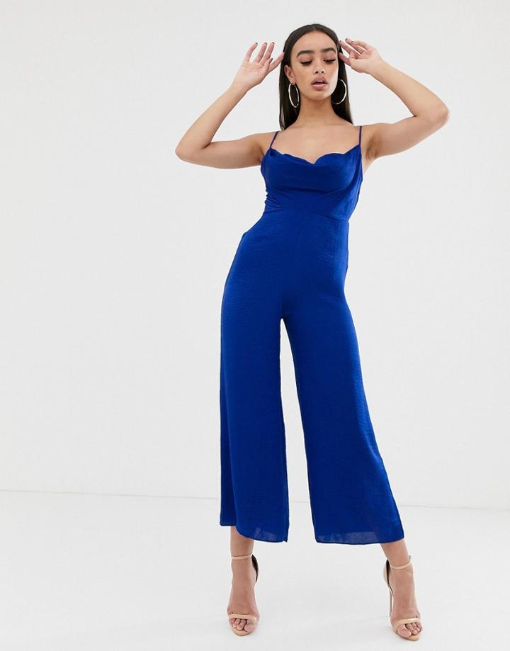 Asos Design Satin Cowl Neck Jumpsuit - Blue