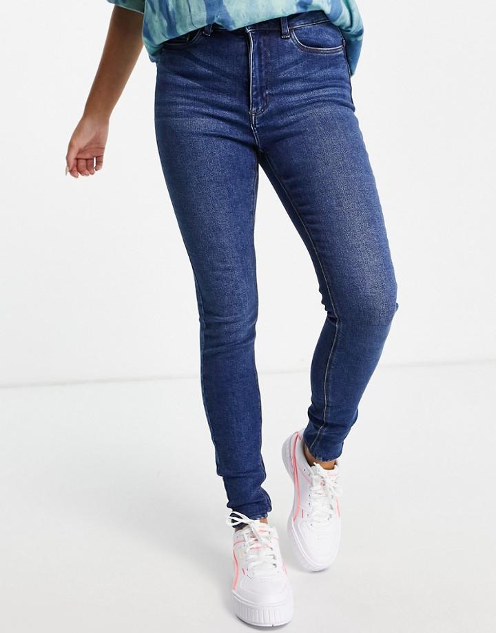 Noisy May Callie High Waist Skinny Jeans In Mid Blue Wash-blues