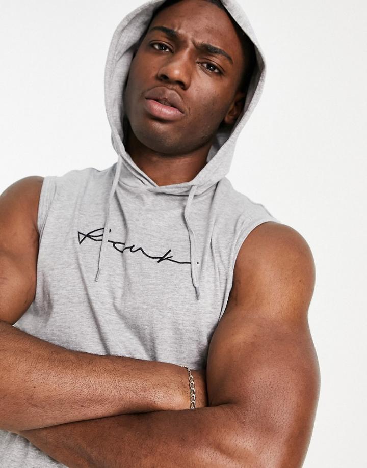 Fcuk Script Sleeveless Hoodie In Light Gray-grey