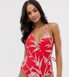 Warehouse Wrap Swimsuit In Tropical Print - Red