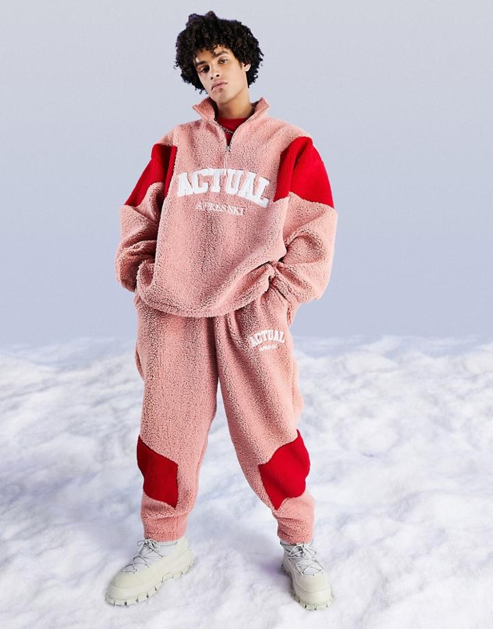 Asos Actual Relaxed Sweatpants In Sherpa Chevron Color Block In Rose - Part Of A Set-pink