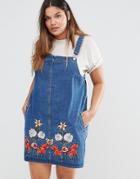 Alice & You Denim Jumper Dress With Floral Embroidery - Blue