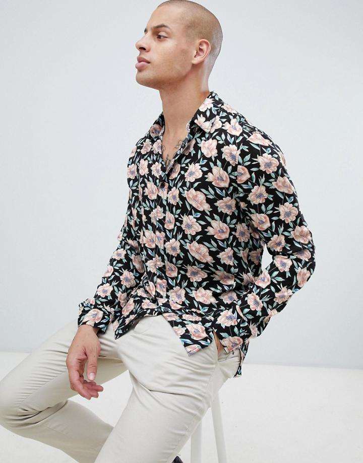 Religion Revere Collar Shirt In Rayon With Floral Print - Black