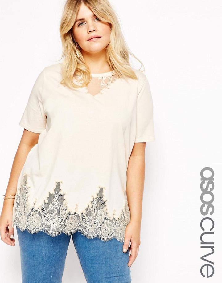 Asos Curve Lace Mix Longline T-shirt - Pink