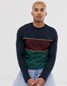 Asos Design Long Sleeve T-shirt With Color Block In Navy