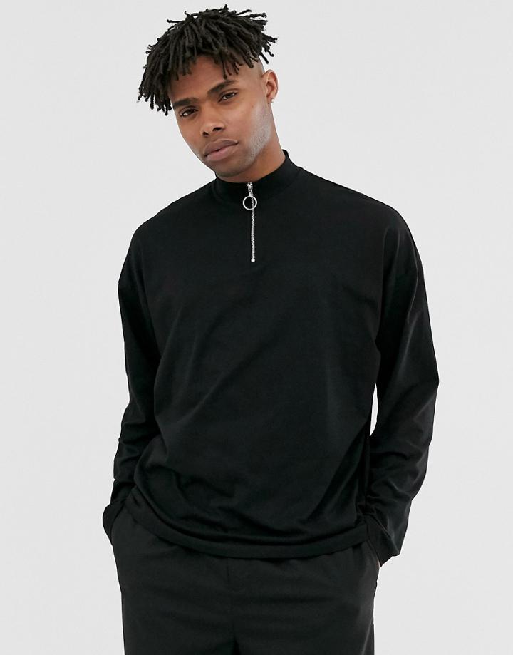 Asos Design Oversized Long Sleeve T-shirt With Half Sleeve And Turtle Zip Neck In Black - Black