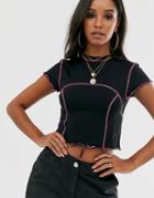 Asos Design Fitted Top With Contrast Stitching - Black