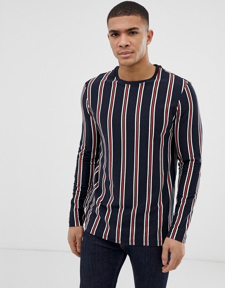 Burton Menswear Long Sleeved T-shirt In Navy Stripe - Navy