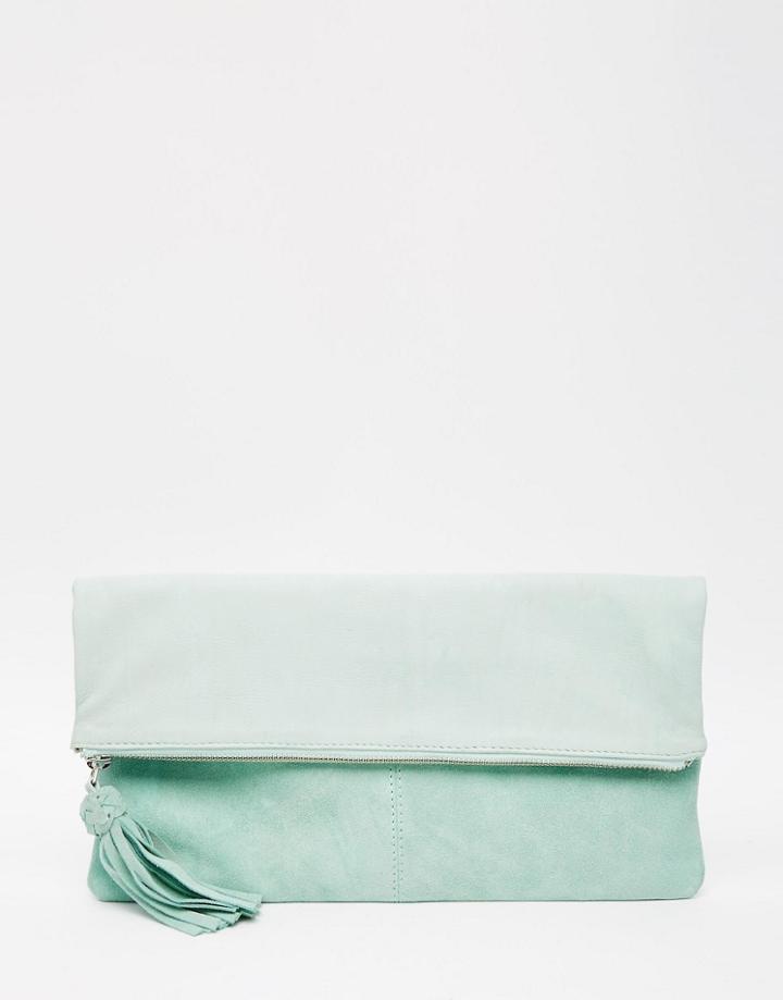 Asos Leather And Suede Fold Over Clutch Bag - Mint