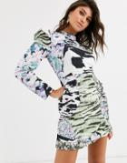 Asos Design Mixed Print Mini Dress With Extreme Sleeves-multi