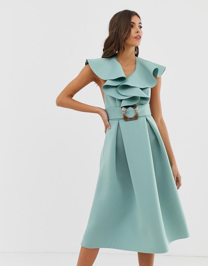 Asos Design Ruffle Front Midi Prom Dress With Tortoise Belt-blue