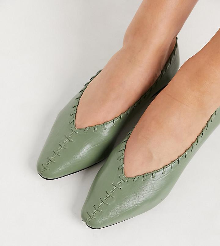 Asos Design Wide Fit Valarie Whipstitch Ballet Flats In Green
