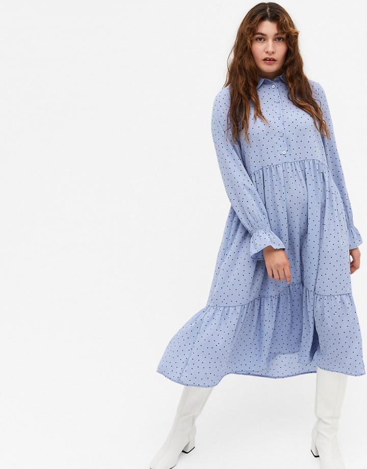 Monki Parly Recycled Long Sleeve Smock Shirt Midi Dress In Blue-blues