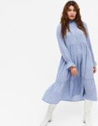 Monki Parly Recycled Long Sleeve Smock Shirt Midi Dress In Blue-blues