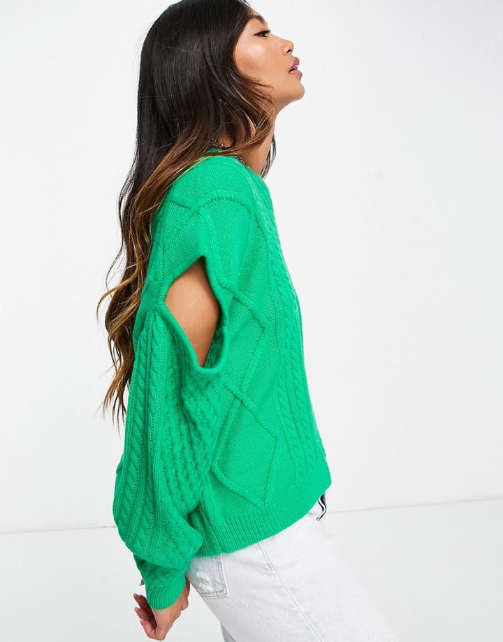 Asos Design Cable Sweater With Cut Out Shoulder Detail In Dark Green