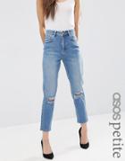 Asos Petite Farleigh Slim Mom Jeans In Prince Light Wash With Busted Knees - Blue