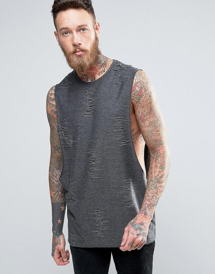 Asos Longline Tank With Distressing In Charcoal - Gray