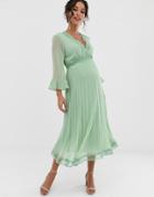 Asos Design Maternity Pleated Midi Dress With Lace Inserts - Green
