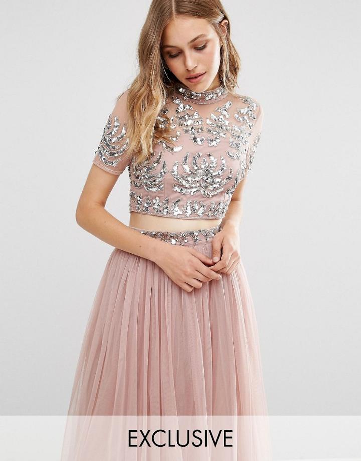 Maya Embellished High Neck Crop Top - Pink