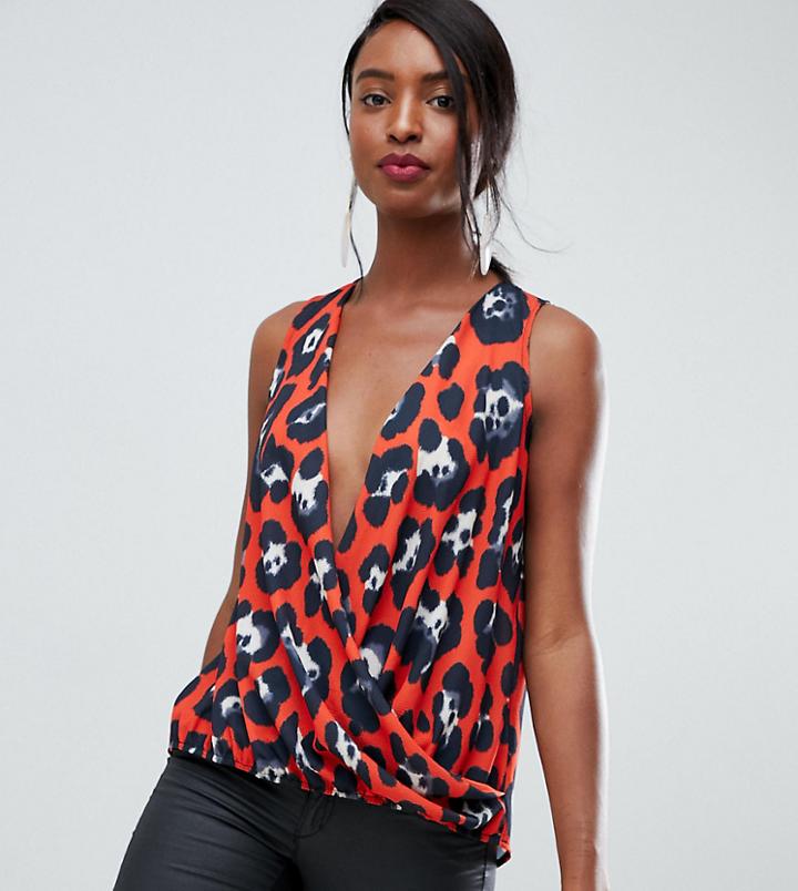 John Zack Tall Wrap Front Sleeveless Top In Red Leopard - Multi