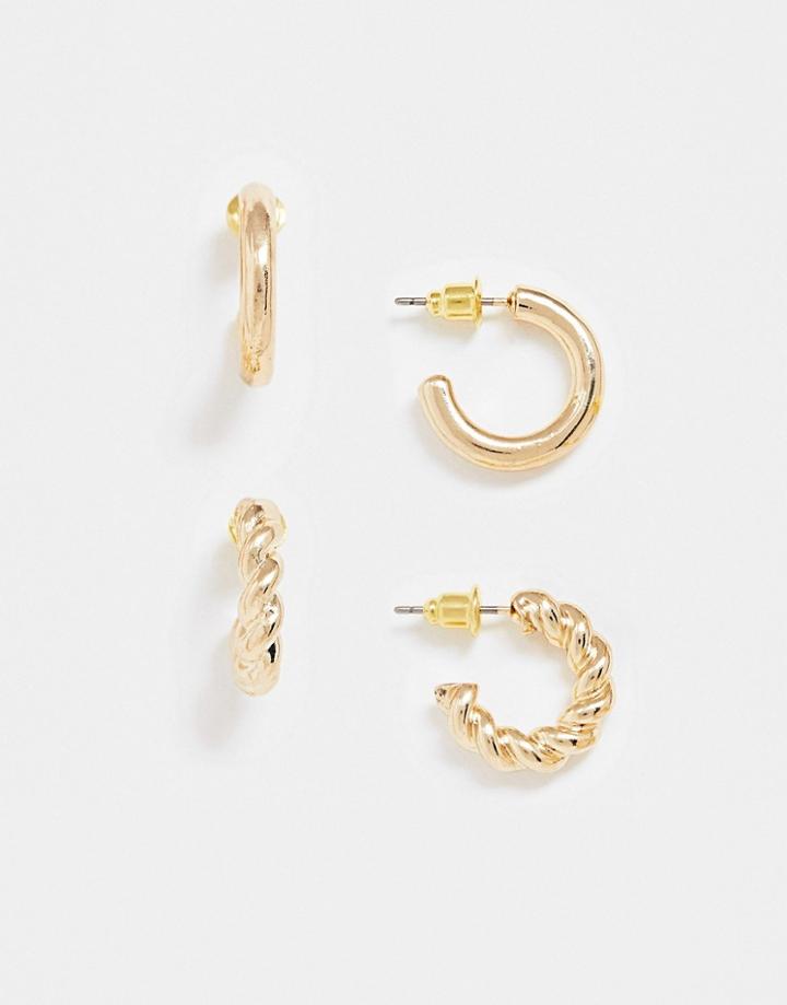 Asos Design Pack Of 2 Mini Hoop Earrings In Thick Twist And Sleek Design In Gold Tone