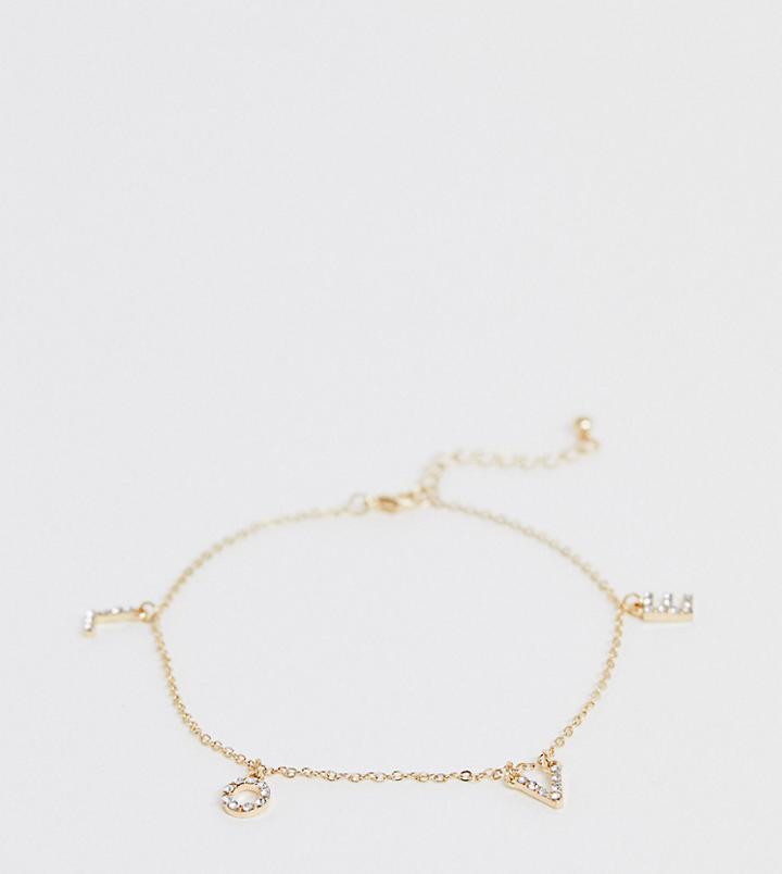 Asos Design Curve Anklet With Crystal Love Charms In Gold Tone