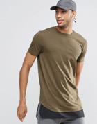 Asos Super Longline T-shirt With Stretch Neck And Waven Shirt Hem In Khaki