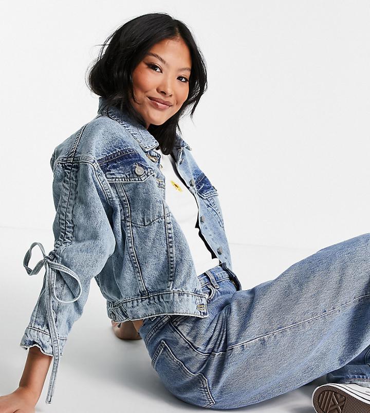 Brave Soul Petite Laila Gathered Sleeve Denim Jacket-blues