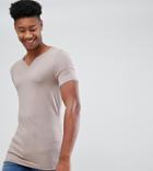Asos Design Tall Muscle Fit Raw Notch Neck T-shirt In Beige